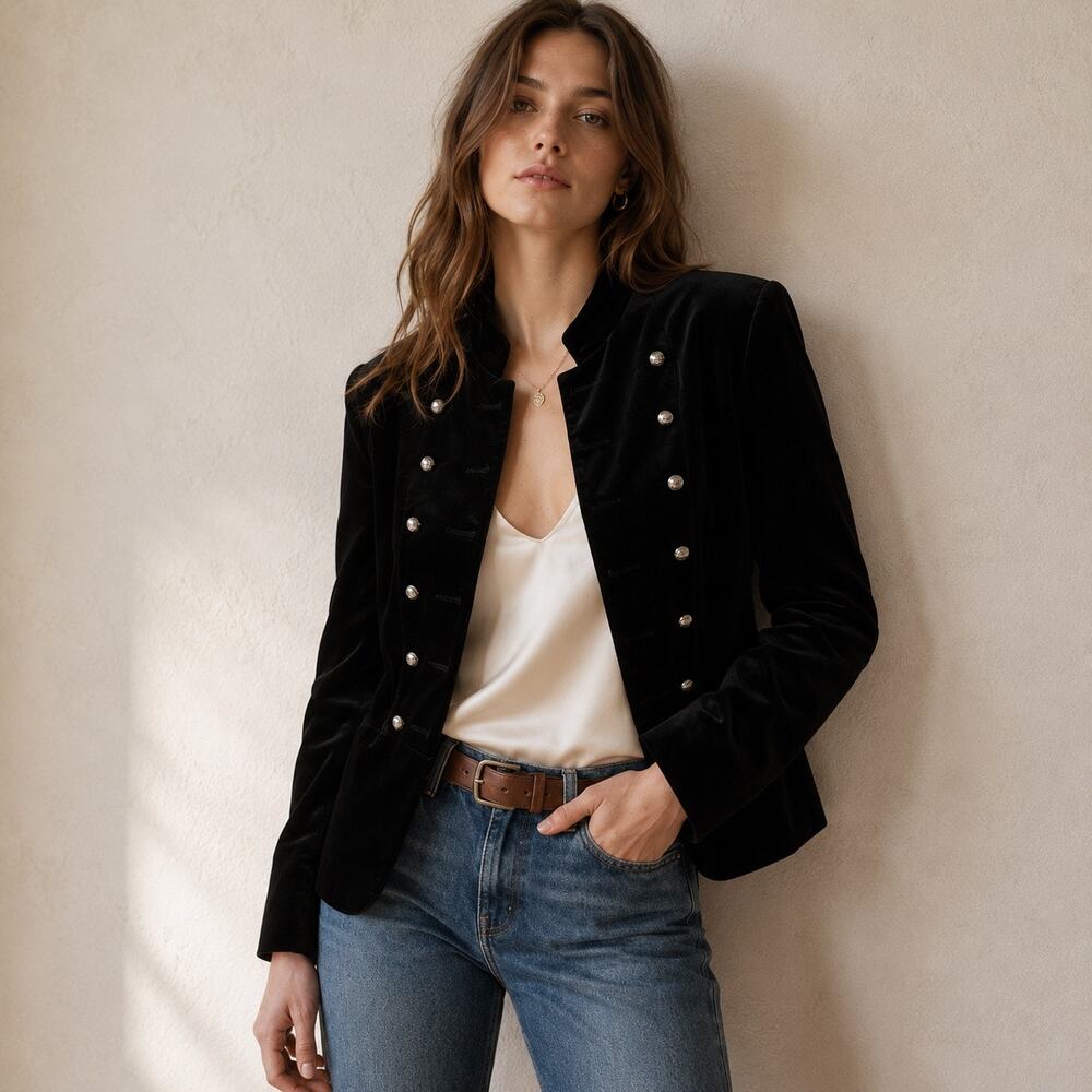 Vintage Robert Louis Black Velvet Military Blazer Jacket Boho Chic S